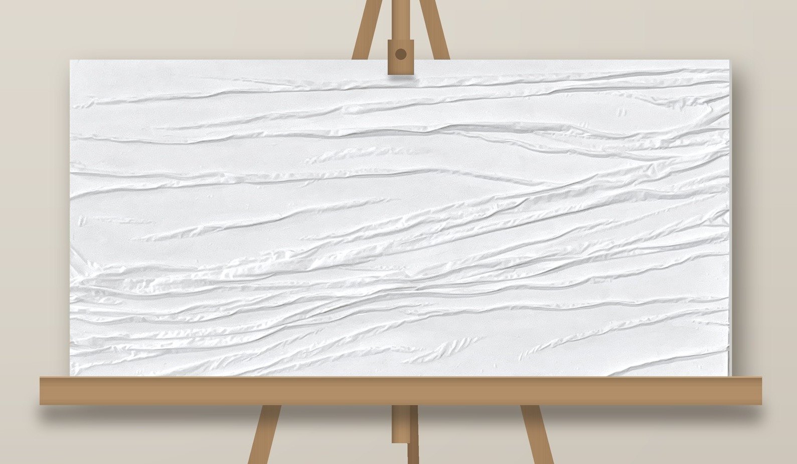 A wide, all-white textured piece with soft layered folds sweeping across it, displayed on a wooden easel